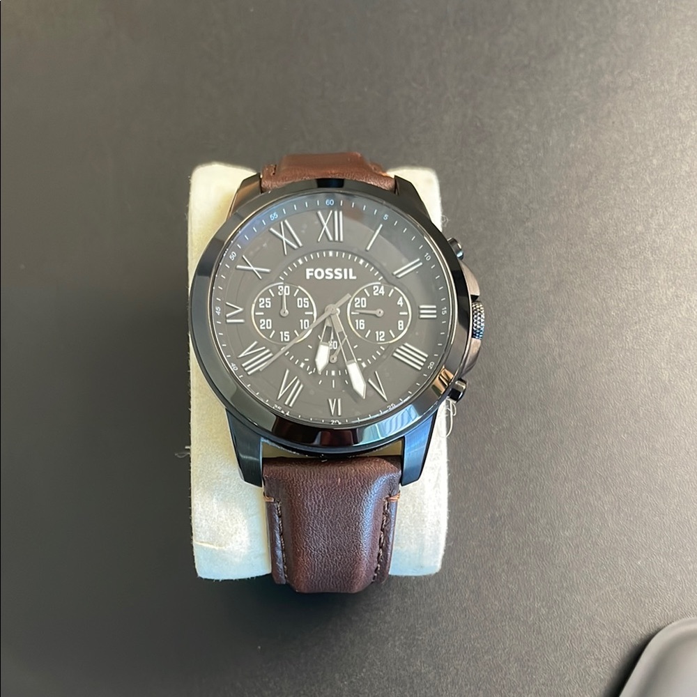 Fossil Black Dial Watch with Brown Leather Strap